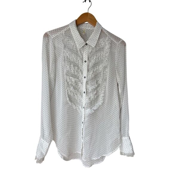 Free People White Sheer Polka Dot Tux Shirt Size M - Picture 6 of 11